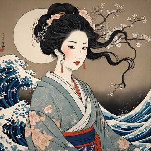 This image is a detailed painting of a Japanese woman, likely in her 20s or 30s, set against a brown background. She has long, dark black hair adorned with pink flowers and is wearing a traditional kimono. The kimono is light blue with pink floral patterns and features a white collar and a red and blue sash around her waist. She has red lipstick, rosy cheeks, and is wearing long, dangling red earrings. The woman is looking directly at the viewer with a serene expression. Behind her, the background depicts a night scene with a large, full moon on the left and blue waves with white foam on the right. A black branch with white flowers extends from the right side of the image, adding to the composition's depth. The painting is signed in the top left corner, though the signature is not legible.