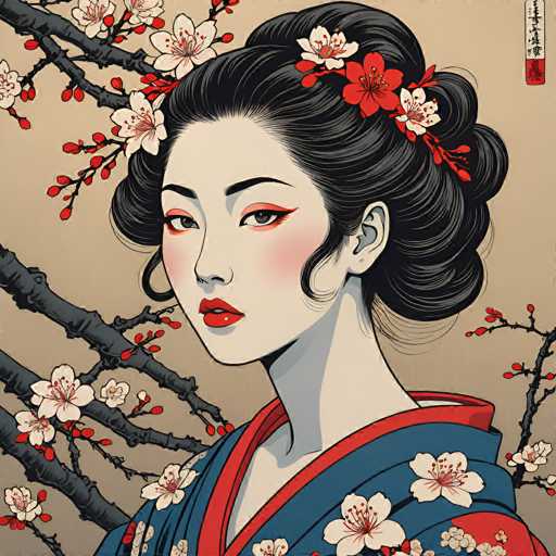 This image is a detailed, color illustration in a square format, depicting a young Asian woman in traditional Japanese attire. The woman, who has pale skin and black hair styled in an elaborate bun adorned with red and white flowers, is facing the viewer with a neutral expression. Her makeup features striking red lipstick, red eyeshadow, and black eyeliner. She is wearing a blue kimono with red trim and a red collar, decorated with white flowers and red buds. The background is a beige color, and branches with white flowers and red buds extend from the left side of the image, partially framing her head. In the top right corner, there is a vertical strip with Asian script in black on a white background, and a red square at the bottom. The overall style of the illustration is reminiscent of traditional Japanese art, with a focus on intricate details and cultural elements.