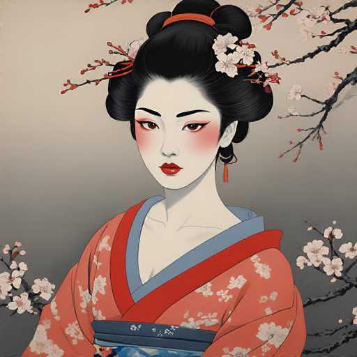 This image features a detailed, computer-generated depiction of a geisha set against a gradient background that transitions from light brown at the top to dark gray at the bottom. The geisha, with her pale white skin, is adorned with striking red lipstick and blush that accentuates her cheeks. Her black hair is styled in an elaborate updo, featuring a red band at the top and adorned with white flowers and red ribbons. She wears a traditional kimono in a light pink hue, decorated with white floral patterns, and accented with red and blue trims. A blue sash with a floral design cinches her waist. The geisha's red dangling earrings add to her elegant appearance. Surrounding her are branches of cherry blossoms, with pink and red buds, enhancing the serene and classic ambiance of the scene.