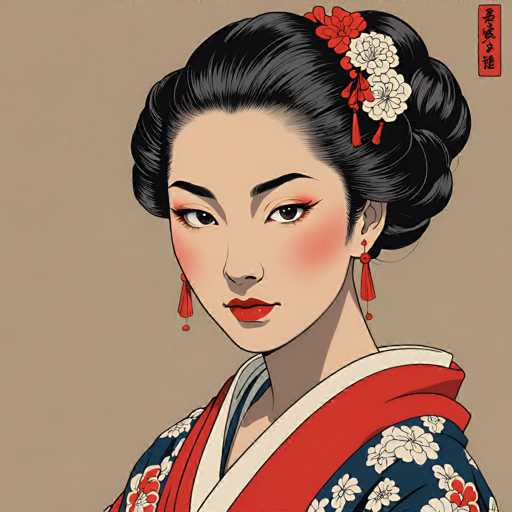 This image features a detailed drawing of a young woman of Asian descent, possibly Japanese or Chinese. She is depicted with her hair elegantly styled in a traditional updo, adorned with a red and white flower. Her makeup is meticulously applied, with striking red lipstick and blush that accentuates her cheeks. She wears red tassel earrings that complement her attire. Her eyes are dark brown, framed by well-defined eyebrows, and she gazes directly at the viewer. She is dressed in a traditional kimono, predominantly blue with intricate white and red floral patterns. The kimono is accentuated with a red sash and a white collar. The background of the image is a light brown, and in the upper right corner, there is a red rectangle with black Chinese characters, adding an element of cultural context to the artwork.