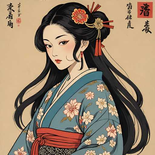 This image features a detailed drawing of a young Asian woman, likely Japanese, set against a light brown background. She has long, dark black hair adorned with a red and yellow flower clip, and her hair is styled in a bun with some strands flowing down. Her face is delicately made up with red lipstick, eye shadow, and blush, and she wears long, dangling red earrings. She is dressed in a traditional blue kimono decorated with white and red flowers, and a red sash cinches her waist. The woman is positioned in a three-quarter view, facing slightly to the left, with her head turned towards the viewer. Surrounding her are vertical columns of black Japanese characters, with a red square containing a black character in the upper right corner. The overall composition and attire suggest a blend of traditional Japanese elements with a modern artistic style.