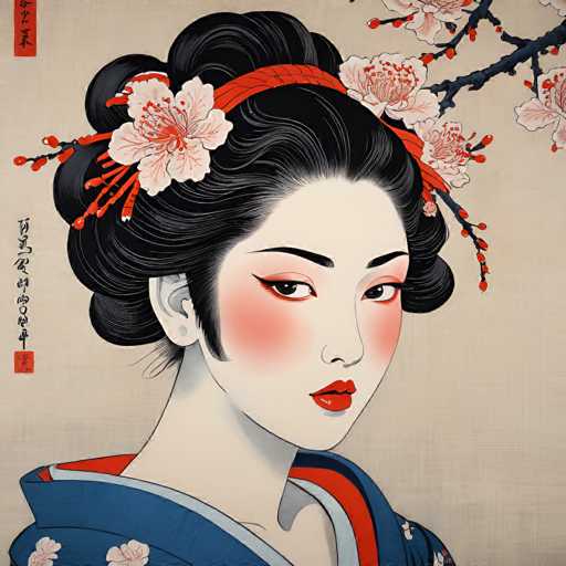 This image is a detailed, square painting of a young Japanese woman, likely a geisha, set against a light brown background. The woman, with her pale white skin, has her black hair styled in an elaborate bun adorned with white flowers and red accents. Her makeup is striking, featuring bright red lipstick, dark black eyeliner, and rosy cheeks. She is dressed in a blue kimono with white floral patterns, layered over a red garment. The painting includes vertical Japanese text in the upper left corner and additional text in the lower left corner, both set against a red background. The woman's head is slightly turned to the right, and she gazes directly at the viewer, creating a captivating and traditional Japanese aesthetic.