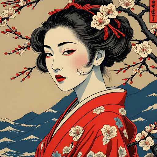 The image depicts a woman wearing traditional Japanese clothing with a red and white floral kimono. The background features a tree adorned with cherry blossoms against a blue sky.