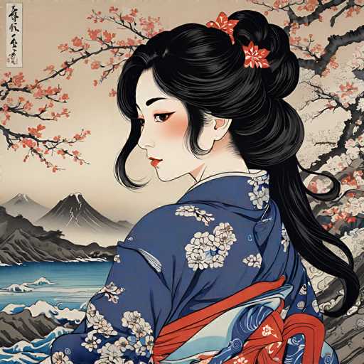 This image is a detailed, computer-generated drawing of a young Asian woman, possibly Japanese or Chinese, standing in a serene, natural setting. She is depicted in a traditional blue kimono adorned with white cherry blossom patterns, and a red obi sash tied around her waist. Her long black hair is styled in an elegant updo, with a few loose strands framing her face and a red and white cherry blossom clip adding a touch of color. Her makeup is subtle, featuring red lipstick and a hint of blush on her cheeks.

The woman is positioned with her back to the viewer, but her head is turned over her right shoulder, allowing a partial profile view of her face. She stands in front of a cherry blossom tree, with branches extending around her, creating a natural frame. The background features a tranquil blue lake with white-capped waves, and distant mountains capped with snow, adding depth to the scene. The sky is a soft beige, and the entire composition exudes a sense of peace and natural beauty.