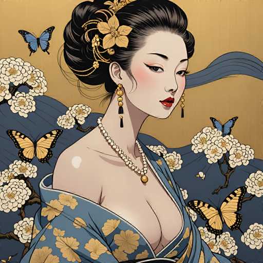 This image depicts a detailed, computer-generated illustration of a young Asian woman, possibly Japanese, dressed in traditional attire. She is adorned in a light blue kimono with intricate gold floral patterns, which features a low-cut neckline and a sash draped over her shoulder. Her dark hair is elegantly styled in a bun, accentuated with gold and yellow flowers, and she wears long, dangling gold earrings with black tassels. Around her neck, she sports a double-strand pearl necklace with a prominent gold pendant. The woman's face is delicately made up with red lipstick, eye shadow, and blush, and she gazes over her shoulder with a serene expression. The background is a light brown, featuring a blue mountain range and a blue sky. Surrounding her are white flowers with yellow centers and several butterflies, including blue and yellow ones, adding a touch of whimsy to the scene.