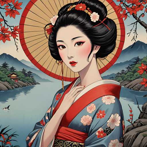 This image is a detailed, computer-generated illustration of a young Japanese woman standing in front of a serene landscape. She is depicted in a traditional kimono, which is light blue adorned with white and red flowers, and features a red sash around her waist. The woman has black hair styled in an elaborate bun, decorated with red and white flowers, and she wears a red lipstick that complements her red eyeshadow. Her eyes are brown, and she has a fair complexion with a slight blush on her cheeks.

Behind her, a large, open parasol with a red border and light brown interior adds to the traditional aesthetic. The background showcases a tranquil river flanked by lush greenery and traditional Japanese pagodas. On the left side of the river, a pagoda stands amidst trees, while on the right, more pagodas are nestled among the foliage. The scene is framed by mountains in the distance, and a few birds can be seen in the water, enhancing the peaceful ambiance. The overall composition is rich in detail, capturing the essence of traditional Japanese art and culture.