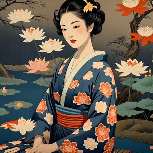 The image depicts a detailed painting of a young Asian woman, possibly Japanese or Chinese, seated in a serene garden setting. She is adorned in a traditional kimono, predominantly blue with intricate floral patterns in shades of orange, white, and pink. Her hair is elegantly styled in a bun, accentuated by a yellow flower. The woman's face is delicately made up with red lipstick, blush, and eye makeup, and she gazes thoughtfully to the left.

The background features a tranquil pond with lily pads and lotus flowers in various hues of white, pink, and orange. A tree with a brown trunk and green leaves extends its branches over the water, adding to the natural beauty of the scene. The sky above is a muted gray, suggesting either dawn or dusk, which enhances the peaceful ambiance of the painting. The overall composition is rich in detail, capturing the essence of traditional Asian art and the serene beauty of nature.