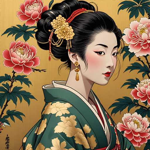 This image depicts a detailed painting of a young Asian woman, possibly Japanese or Chinese, set against a yellow background. She is adorned in a green kimono with gold floral patterns, and a red obi sash around her waist. Her black hair is styled in an elaborate bun, accentuated by a red ribbon and gold flowers. She wears long, dangling gold earrings and has red lipstick that complements her pink blush. The woman is positioned in a three-quarter profile, looking over her shoulder with a serene expression. Surrounding her are large, pink peonies with green leaves, adding to the painting's intricate and elegant composition.