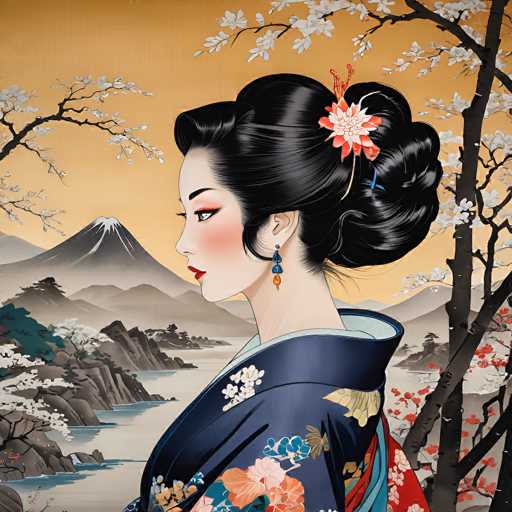 The image depicts a detailed, computer-generated illustration of a young Asian woman, possibly Japanese, standing in a serene landscape. She is positioned in the center of the image, facing left, with her head turned slightly towards the viewer. Her long, black hair is styled in a bun adorned with a red and white flower, and she wears a blue earring with a blue and orange pendant. Her attire is a navy blue kimono decorated with intricate floral patterns in shades of orange, blue, and white, and it features a light blue collar. Her makeup includes red lipstick and blush on her cheeks.

The background showcases a picturesque scene with Mount Fuji, a prominent black mountain capped with snow, rising in the distance. The sky is a warm orange hue, suggesting either sunrise or sunset. Surrounding the mountain are gray and brown rocks, some of which are covered in white flowers, and a body of water that reflects the sky. To the right of the woman, a tree branch with white blossoms extends into the frame, adding to the tranquil atmosphere. The overall composition is rich in detail, blending traditional elements with a modern artistic style.