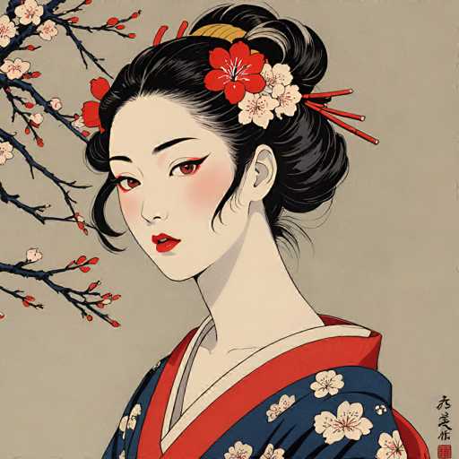 This image is a detailed, color illustration in a traditional Japanese style, depicting a young woman who appears to be a geisha. She is shown in a three-quarter profile, facing slightly to the left, with her head turned towards the viewer. Her dark black hair is styled in an elaborate updo, adorned with a red and white flower and a red ribbon. She has striking red eyes, red lipstick, and pale skin, with a slight blush on her cheeks. She is wearing a navy blue kimono with white floral patterns and a red collar, which is open at the front. The background features a light grayish-brown hue, and on the left side of the image, there are branches of a cherry blossom tree with white and red flowers. In the bottom right corner, there is a vertical line of black Japanese text, accompanied by a small red square with a white symbol inside.