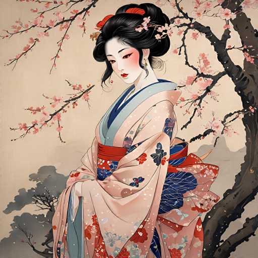 This image depicts a detailed, computer-generated illustration of a Japanese geisha standing in front of a cherry blossom tree. The geisha, with her black hair styled in an elaborate bun adorned with red and pink flowers, is dressed in a traditional kimono. The kimono features a light pink base color with intricate patterns of blue, red, and white flowers, and is cinched at the waist with a red sash. She has a pale complexion, accentuated by red lipstick, and her eyes are cast downward, giving her a serene expression. The background is a soft, light brown, with the cherry blossom tree's branches extending into the frame, adorned with delicate pink blossoms. The overall composition captures the essence of traditional Japanese artistry, blending detailed attire with natural elements.