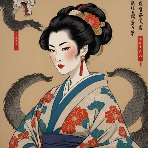 The image depicts a woman wearing traditional Japanese clothing with a blue and white floral kimono and red and gold accents. She is positioned against the backdrop of two dragons, one on each side of her head. The art style is realistic, capturing the intricate details of the woman's attire and the dragons' forms.