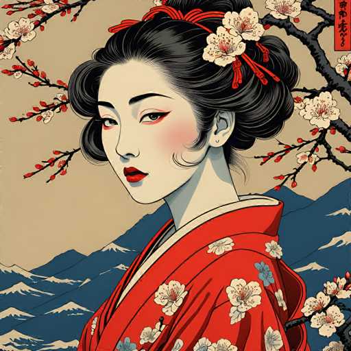This image is a detailed, stylized drawing of a young Japanese woman, possibly a geisha, set against a backdrop of blue mountains with white snow caps. The woman is depicted in a three-quarter profile, facing left but with her head turned to look directly at the viewer. She has pale skin, black hair styled in an elaborate bun adorned with a red ribbon and white flowers. Her makeup includes red lipstick, red eyeshadow, and blush on her cheeks. She wears a vibrant red kimono decorated with white and blue flowers. The background features a light brown sky and a cherry blossom branch extending from the right side of the image. A red vertical banner with black Japanese characters is positioned in the upper right corner, adding to the traditional aesthetic of the scene.