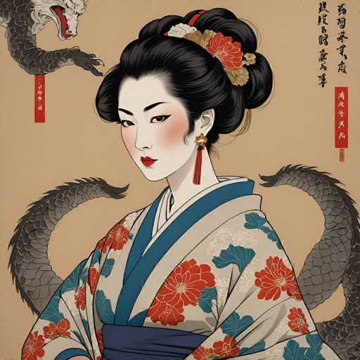 This detailed illustration depicts a young Japanese woman, possibly a geisha, adorned in traditional attire. She wears a kimono with a blue obi sash, and the garment features a cream-colored background adorned with red and blue flowers. Her black hair is styled in an elaborate updo, decorated with red and white flowers, and she sports long, dangling red earrings. Her makeup includes red lipstick and blush on her cheeks, enhancing her delicate features. The background is a light brown, and the image is framed by a red banner with Japanese characters on the right side. Additionally, there are two gray dragon tails emerging from behind her, adding a mystical element to the scene. The woman gazes directly at the viewer, creating a captivating and serene portrait.