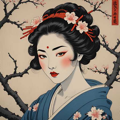 This image is a detailed, computer-generated illustration of a young Asian woman, possibly Japanese or Chinese, set against a beige background. She is depicted from the chest up, wearing a blue kimono adorned with pink cherry blossom patterns. Her black hair is styled in an elaborate updo, featuring a red ribbon and red sticks, with additional red sticks and flowers woven into the bun. A red dot, known as a bindi, is centered on her forehead. Her face is accentuated with red eye shadow, red blush, and red lipstick, giving her a striking appearance. Surrounding her are black tree branches with pink cherry blossoms, adding to the serene and traditional aesthetic. In the top right corner of the image, there is a red rectangle with black Chinese or Japanese characters, further enhancing the cultural context of the artwork.