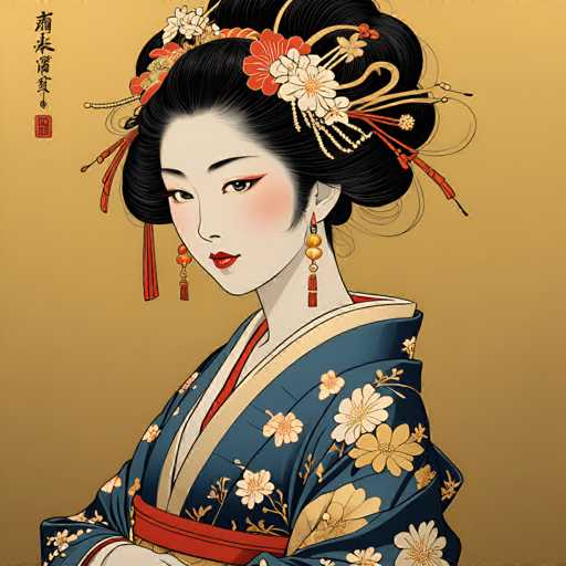 This image features a detailed, computer-generated depiction of a young Japanese woman, possibly a geisha, set against a light brown background. She is adorned in a traditional blue kimono with intricate floral patterns in shades of white, yellow, and orange. The kimono is accentuated with a red obi sash tied around her waist. Her long black hair is elegantly styled into a bun, embellished with red and white flowers, and adorned with red tassels and beads. She wears long, dangling earrings that are gold with red tassels. Her face is delicately made up with red lipstick, eye shadow, and blush, complementing her pale complexion. The woman is positioned with her body facing left, while her head is turned towards the viewer, creating a captivating and serene expression. In the upper left corner of the image, there is a vertical column of Japanese text, adding to the cultural authenticity of the scene.