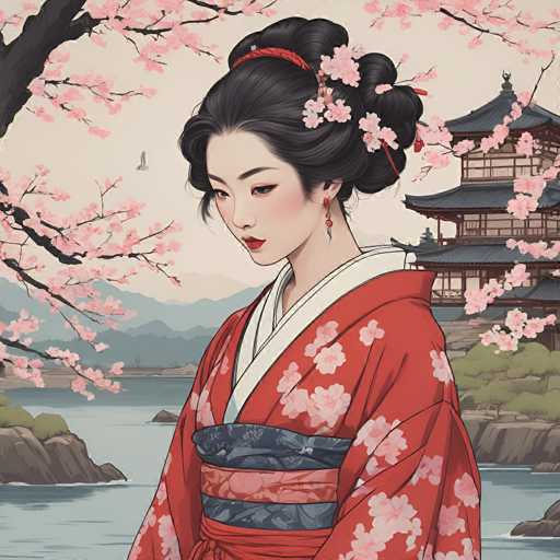 The image depicts a young Asian woman, possibly Japanese or Chinese, standing in a serene garden. She is adorned in a traditional red kimono with white floral patterns and a black sash. Her black hair is elegantly styled in a bun, accentuated by a red hair tie and decorated with pink cherry blossoms. She wears red lipstick and dangle earrings, adding to her graceful appearance. The background features a picturesque scene with a lake, mountains, and a pagoda-like structure with black roofs and brown wooden walls. Cherry blossom branches frame the scene, enhancing the tranquil and picturesque atmosphere.