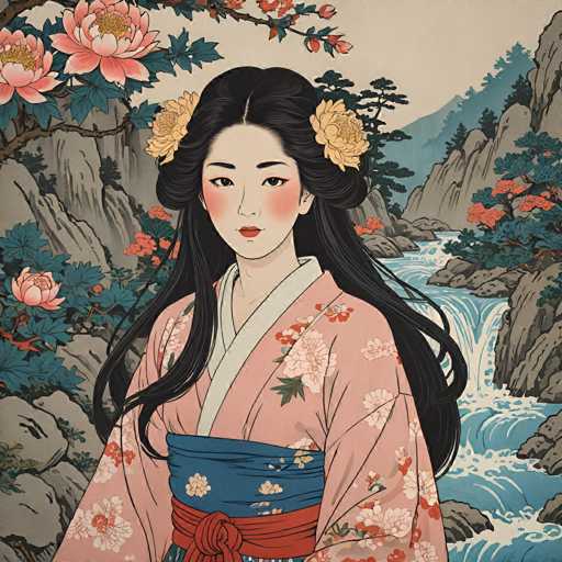 The image depicts a traditional Japanese painting of a young woman standing in a serene, natural setting. She is dressed in a light pink kimono adorned with white and red flowers, and a blue obi sash tied with a red ribbon around her waist. Her long black hair is styled in an elegant updo, with two yellow flowers on either side. The woman has a pale complexion, rosy cheeks, and wears red lipstick, her gaze directed straight at the viewer.

The background features a picturesque landscape with a blue stream flowing from the bottom right corner, cascading into a waterfall that adds a dynamic element to the scene. On either side of the stream, there are rocky outcrops and lush greenery, including trees and bushes with red flowers. The sky above is a light gray, enhancing the tranquil atmosphere. The overall composition is rich in detail, capturing the essence of traditional Japanese art with its harmonious blend of natural elements and refined human figure.