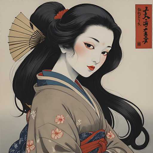 This image depicts a detailed, computer-generated drawing of a young Japanese woman, possibly a geisha, set against a light gray background. She has long, black hair styled in a traditional updo with a red flower adorning the back of her head. A beige fan is elegantly positioned in her hair. Her face is marked by striking features: dark, arched eyebrows, large almond-shaped eyes with black pupils and a hint of orange eyeshadow, and red lips. A small dot is visible on her forehead, adding to her intricate appearance. She is dressed in a traditional kimono, predominantly gray with a blue collar and a red sash tied around her waist. The kimono is decorated with pink cherry blossom flowers, and the inner lining is blue. The image is framed by a red rectangle on the right side, containing black Japanese characters, adding to the cultural authenticity of the artwork.