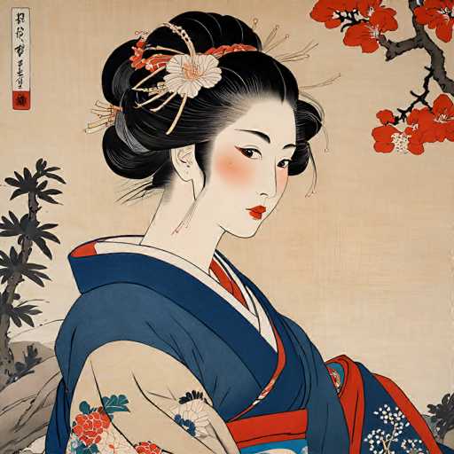This image depicts a detailed, traditional Japanese painting of a geisha set against a beige background. The geisha, with her pale white skin and black hair styled in an elaborate bun adorned with a red ribbon and white flowers, is the central focus. She has striking red lips, dark eyes, and a touch of red blush on her cheeks. She is wearing a blue kimono with intricate floral patterns in shades of blue, red, and white, and a white undergarment with red accents. The geisha is looking over her right shoulder, her head slightly tilted, giving a serene and contemplative expression. To the right of the image, a tree branch with red flowers extends into the frame, while on the left, a black tree trunk and palm leaves add depth to the composition. In the top left corner, a vertical white banner with Asian characters, possibly Chinese or Japanese, features a red square at the bottom. The overall scene is rich in detail, capturing the essence of traditional Japanese art.