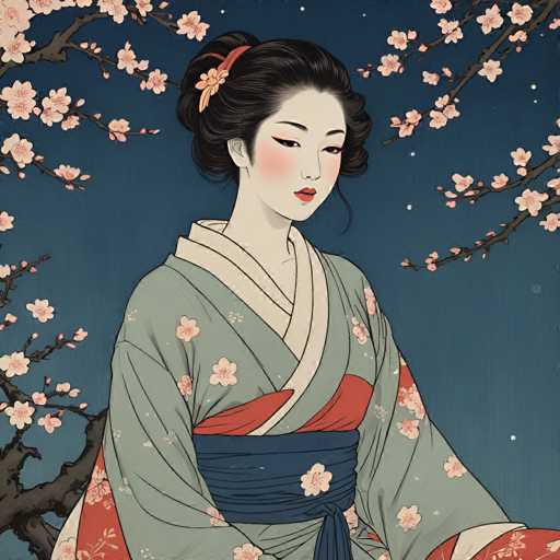This image is a detailed, square, color illustration of a Japanese woman in traditional attire, set against a dark blue night sky. The woman, with her pale white skin and black hair styled in a bun adorned with a red and yellow flower, is depicted wearing a light green kimono. The kimono features a red sash at the bottom, a white sash around the neck, and a blue sash tied around her waist. The fabric is decorated with pink cherry blossoms and white flowers. She has red lipstick and blush on her cheeks, and her eyes are accentuated with black eyeliner. Surrounding her are branches of cherry blossoms, adding to the serene and elegant atmosphere of the scene.
