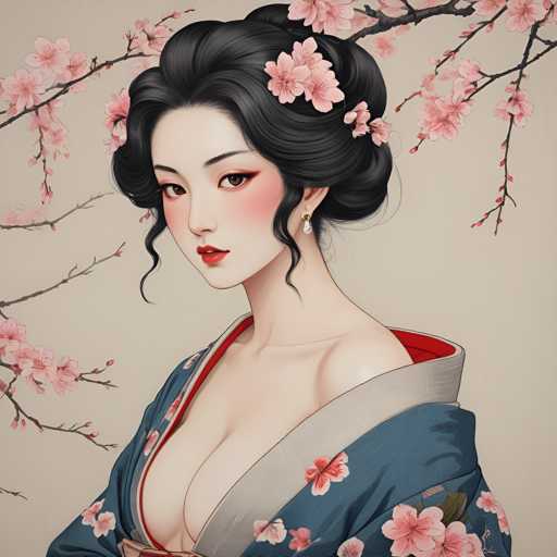 The image depicts a woman with black hair wearing a blue kimono adorned with pink flowers and a matching headpiece of the same color as her hair. The background features branches covered in pink blossoms against a beige backdrop.