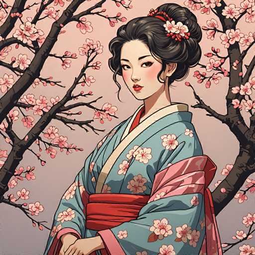 This image portrays a detailed, computer-generated drawing of a young Asian woman, likely in her late teens or early twenties. She is depicted wearing a traditional kimono, which is light blue with white and pink cherry blossom patterns. The kimono features a red sash around her waist and a pink sash tied around her left arm. Her dark brown hair is styled in a bun adorned with a red and white flower, and a few strands of hair frame her face. She has a fair complexion, rosy cheeks, and red lips, with her gaze directed slightly to the left. The background is a soft pink, and on either side of her are cherry blossom trees, with branches extending towards her. The overall composition is square, with the woman positioned centrally, her body facing left while her head is turned towards the viewer.