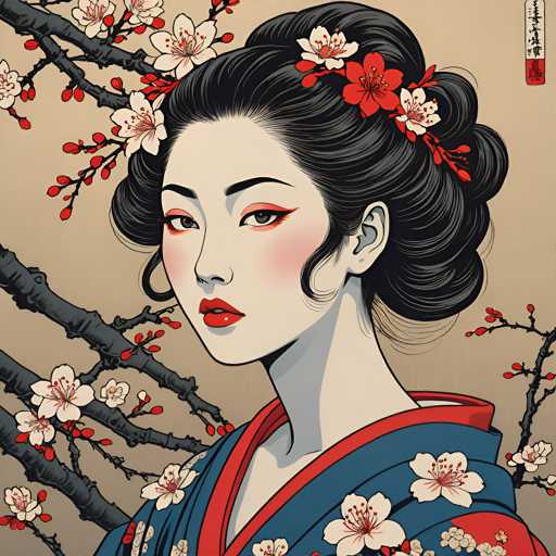 The image depicts a woman with black hair wearing traditional Japanese clothing and makeup, including red flowers on her head. The background features cherry blossom trees with white petals against a brownish-orange color scheme.