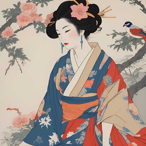 The image depicts a serene Japanese woman seated in a traditional, elegant pose. She is adorned in a striking kimono that features a harmonious blend of blue, red, and white hues, with intricate floral patterns. The kimono is cinched at the waist with a vibrant orange sash, adding a pop of color to her ensemble. Her long, black hair is styled in an elaborate updo, adorned with pink flowers and orange ribbons that enhance her graceful appearance. She wears long, dangling blue earrings that complement her attire.

The woman's face is delicately made up, with red lipstick and eye makeup that accentuates her serene expression. Her eyes are cast downward, giving her a contemplative and peaceful demeanor. Surrounding her is a picturesque scene: to her left, a tree branch adorned with pink flowers extends into the frame, while to her right, another branch supports a small bird with a blue head, white belly, and red wings. The background is a soft, light gray, which allows the vivid colors of her kimono and the natural elements around her to stand out beautifully.