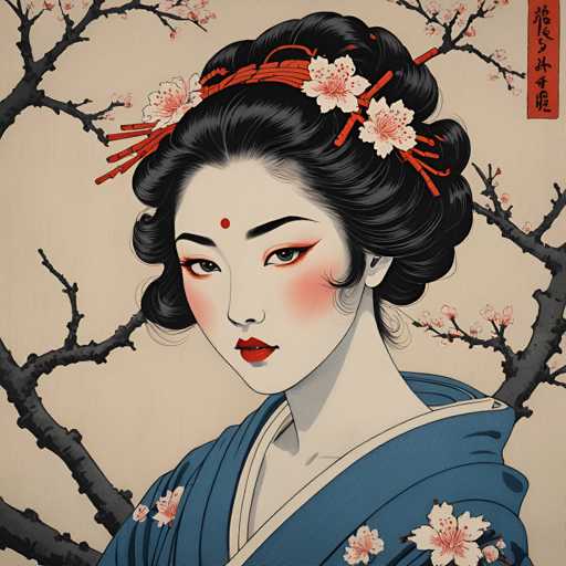 The image depicts a woman with black hair wearing a blue kimono adorned with pink flowers and red flowers on her head. She is looking directly at the camera with an expression of concentration or contemplation. The background features trees with branches in various shades of brown against a beige color, creating a natural and serene atmosphere.