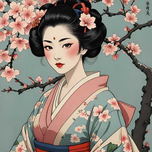 This image portrays a detailed painting of a young Japanese woman, likely in her late teens or early twenties, dressed in traditional attire. She stands facing the viewer, her head slightly turned to the left, with a serene and composed expression. Her black hair is styled in an elaborate updo, adorned with a red ribbon and a blue ribbon, and she wears a red bindi on her forehead. Her face is accentuated with red lipstick, blush on her cheeks, and a touch of eyeliner.

She is dressed in a traditional kimono, predominantly blue with pink and white floral patterns, and a pink sash around her neck. The kimono features a red and blue sash at the waist, adding to the intricate details of her attire. The background is a light blue, almost grayish hue, providing a calm and unobtrusive setting that allows the subject to stand out.

To her right, a tree branch extends into the frame, adorned with pink and white flowers, adding a natural element to the composition. The overall scene is rich in detail, capturing the essence of traditional Japanese culture and artistry.