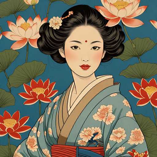 This image is a detailed, colorful drawing of a young Asian woman, possibly Japanese or Chinese, dressed in traditional attire. She is wearing a light blue kimono adorned with white and pink flowers, and a bird is perched on the fabric. Her outfit is cinched at the waist with a red and blue sash. The woman has black hair styled in an elaborate updo, with a white flower and a red beaded hairpin adorning it. A red bindi is centered on her forehead, and she has red lipstick, giving her a serene yet striking appearance. She is seated against a dark blue background, surrounded by large lotus flowers with pink and red petals and yellow centers, as well as green leaves. The overall composition is vibrant and detailed, capturing the essence of traditional Asian art.