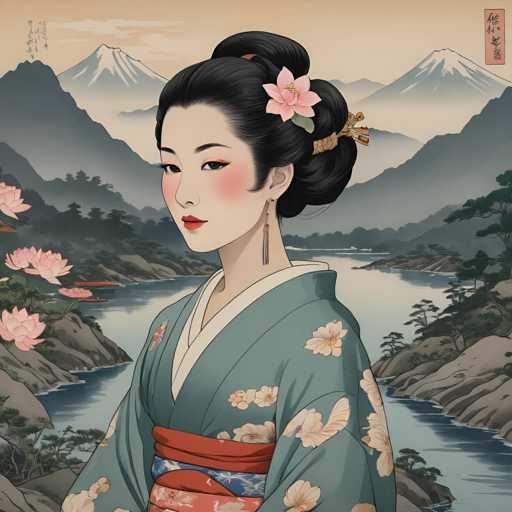 The image depicts a woman wearing traditional Japanese clothing and a flower in her hair. The background features mountains and trees, creating a serene natural setting.