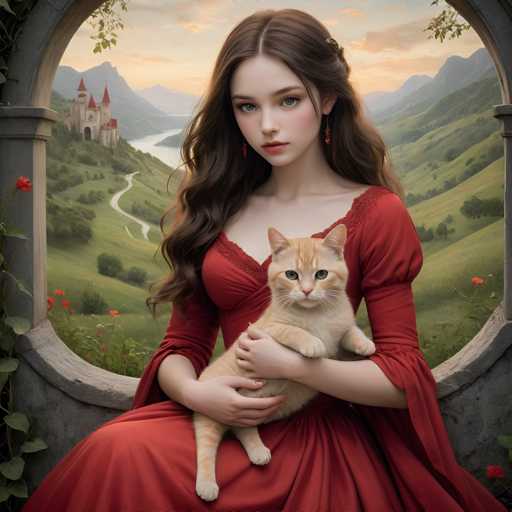 A young woman dressed in a red dress with long brown hair is holding an orange cat on her lap while sitting in front of a castle-like structure surrounded by lush green trees and mountains.