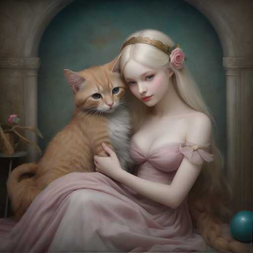 This image depicts a highly detailed, AI-generated painting of a young woman with long, flowing blonde hair adorned with a gold headband and a pink rose. She is dressed in a light pink, strapless dress that reveals her shoulders and chest. The woman is seated on a white chair, holding a large orange cat with a white chest and blue eyes on her lap. The background features a blue wall with a white archway, and there is a small table to the left with a pink flower. The overall composition and intricate details suggest that this is a computer-generated artwork rather than a traditional painting.