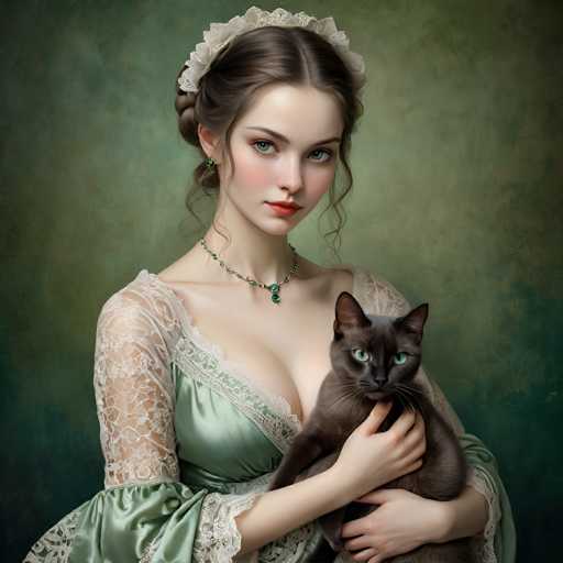 This image features a young woman, likely in her late teens or early twenties, with fair skin and striking green eyes. Her dark brown hair is styled in an elegant updo, adorned with a delicate white lace headpiece. She wears a green dress with intricate lace detailing on the sleeves and a low-cut neckline, complemented by a matching green necklace. Her makeup is subtle yet enhances her natural beauty, with light pink blush and red lipstick. The woman is holding a dark gray cat with piercing green eyes, cradling it gently in her arms. The background is a rich tapestry of dark green, brown, and black hues, adding depth and contrast to the scene. The overall composition exudes a sense of timeless elegance and tranquility.