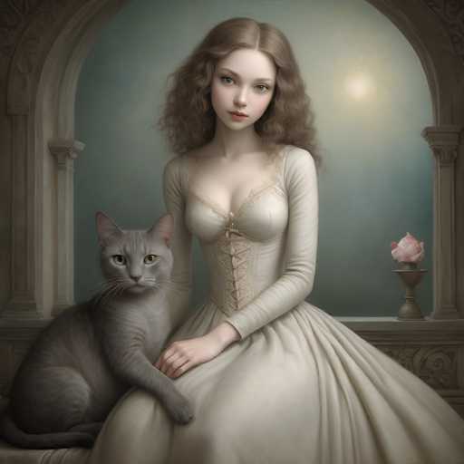 This image is a detailed, computer-generated painting of a young woman with long, wavy brown hair, seated on a white bench. She is wearing a cream-colored corset with lacing up the front, paired with a long-sleeved dress that flares out at the bottom. Her expression is neutral, and she gazes directly at the viewer. A gray cat with yellow eyes sits on her lap, its paw resting on her leg. The background features a blue wall with a large archway, through which a bright light shines, creating a sun-like effect. On the right side of the image, there is a small table with a pink rose. The overall composition is rich in detail, with the woman's dress and the cat's fur rendered in a realistic style.