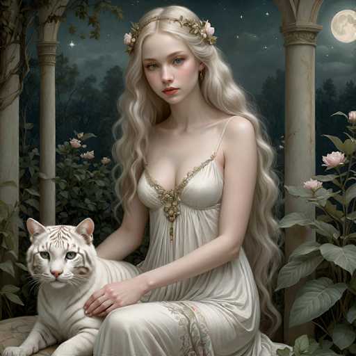 The image depicts a young woman with long, wavy blonde hair cascading down her back. She is adorned in a white nightgown that features intricate gold embroidery around the neckline and a single strap over her left shoulder. Her hair is crowned with a delicate headband made of green leaves and pink flowers. The woman's striking blue eyes and red lips add to her ethereal appearance. She is seated on a cushion, with her right hand gently resting on the back of a white cat with subtle brown stripes. The cat, with its blue eyes and pink nose, gazes directly at the viewer. Surrounding them are lush green plants and flowers, set against a backdrop of tall trees. The scene is illuminated by a full moon, casting a soft glow over the entire setting.