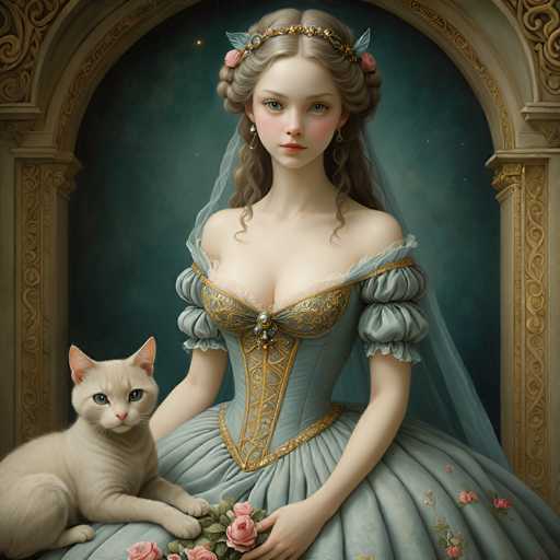 This image depicts a young woman, possibly in her late teens or early twenties, dressed in an elaborate Victorian-style gown. The gown is a light blue color adorned with intricate gold trim and features a bustier-like bodice with puffy sleeves that extend to her elbows. Her hair is styled in a braided updo, with some loose curls framing her face, and she wears a delicate tiara or headband embellished with blue and pink flowers. A sheer white veil cascades from the back of her head, adding to her ethereal appearance. She has striking blue eyes, rosy cheeks, and wears small hoop earrings. The woman is seated, holding a bouquet of pink roses in her left hand, while a white cat with green eyes and pink ears rests on her lap, gazing directly at the camera. The background features a dark teal wall with an ornate archway, adding to the overall vintage and regal atmosphere of the scene.