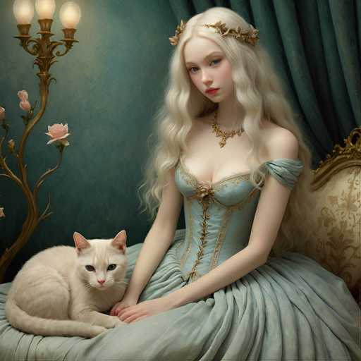 This image depicts a young woman with long, wavy blonde hair adorned with a golden floral headband. She is seated on a luxurious, ornate bed that features a gold frame and a white cushion with intricate gold embroidery. The woman is dressed in a light blue, off-the-shoulder corset-style dress with a voluminous skirt, and she wears a matching light blue choker necklace. Her expression is neutral, and she gazes directly at the viewer. A white cat with striking blue eyes sits beside her, its paws gently resting on her right hand. The background is a dark green wall, and to the left of the woman, there is a golden candelabra with three lit candles and a decorative tree branch adorned with pink roses. The overall scene exudes an air of elegance and tranquility.