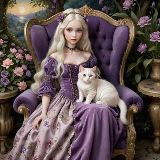 A woman with blonde hair and a white cat sit on a gold chair in front of a painting depicting a garden scene with pink flowers and trees.