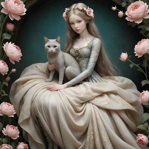 A woman dressed in a long white dress with gold accents is seated on a bench holding her cat. The cat has a pink flower crown on its head and is wearing a gold collar.