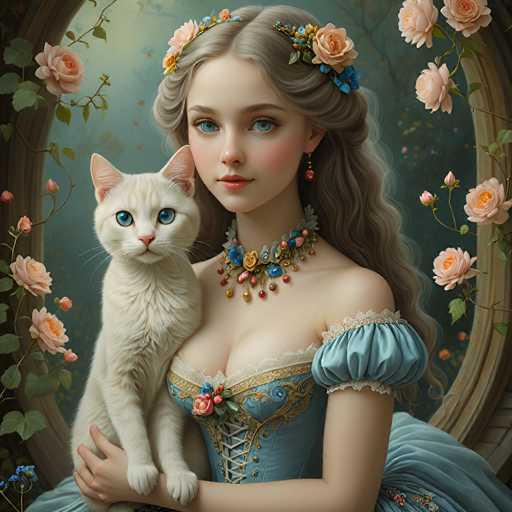 This image depicts a highly detailed, AI-generated painting of a young woman with long, wavy blonde hair adorned with a floral headband. She has striking blue eyes and is dressed in an elaborate, old-fashioned blue corset with lacing and a bustle. The corset features intricate gold and blue embroidery, and a pink flower is pinned to the fabric. Her hair is styled in a half-up, half-down manner, with some strands pulled back. She wears a large, ornate necklace with blue and red jewels, and her ears are adorned with dangling earrings. 

In her arms, she cradles a white cat with blue eyes, which looks directly at the viewer. The background is a soft, muted blue, and the scene is framed by a large, oval-shaped window with a wooden border. Surrounding the window are pink roses and green vines, adding to the romantic and whimsical atmosphere of the painting. The overall composition exudes a sense of elegance and timeless beauty, with a touch of fantasy.