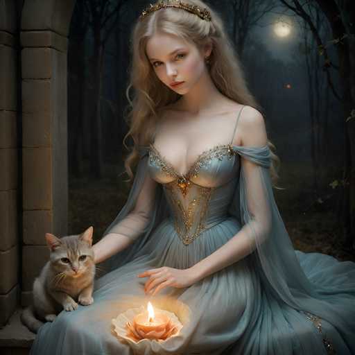 In this captivating image, a young woman with long blonde hair adorned with a delicate crown sits gracefully on a stone ledge. She is dressed in an elegant, light blue gown that features intricate gold embellishments, including a corset-like bodice and sheer sleeves that extend from her shoulders to her elbows. Her gown's voluminous skirt cascades around her, adding to her ethereal appearance. The woman's striking blue eyes and fair complexion are complemented by a subtle touch of lipstick. 

In her lap, she cradles a glowing pink candle, its flame casting a warm, enchanting light. Beside her, a small gray kitten with white whiskers gazes up at her adoringly. The backdrop is a serene nighttime forest, with the moon casting a soft glow over the scene. Tall, slender trees with sparse leaves frame the image, enhancing the mystical and tranquil atmosphere.
