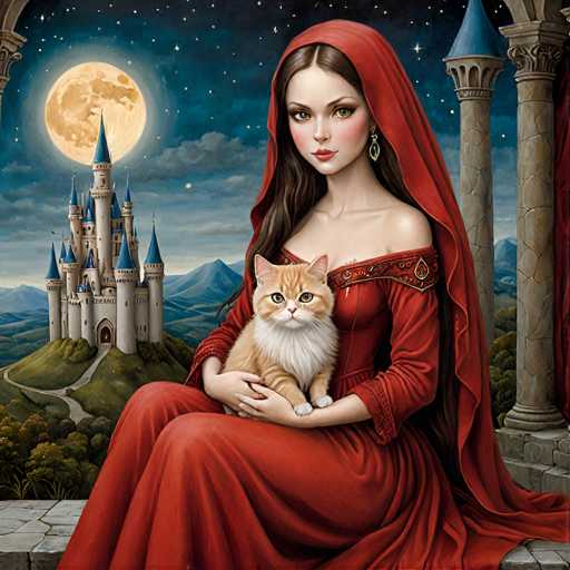 The image depicts a young woman with long, dark brown hair, dressed in a flowing red gown with a matching red headscarf. She is seated on a stone ledge, cradling a small orange and white cat in her arms. The woman's gown features intricate details, including a red band with a gold trim and a heart-shaped emblem on her left shoulder. She wears a dangling earring with a teardrop shape. The background showcases a grand, white castle with numerous blue-tipped spires, set against a dark blue sky filled with stars and a large, glowing yellow moon. The scene is framed by lush green grass and trees, with distant mountains adding depth to the enchanting nighttime landscape.