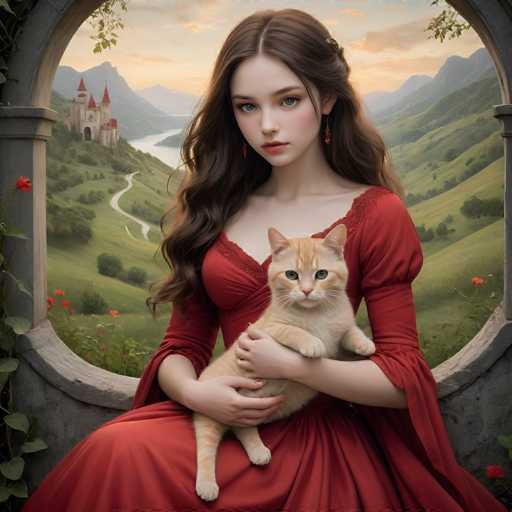 In this captivating image, a young girl with long brown hair adorned with a barrette sits gracefully on a stone bench. She is dressed in a flowing red gown with sleeves that extend to her elbows, exuding an air of elegance. Cradled in her arms is a large orange cat, its fur a striking contrast to her attire. The scene is set against a picturesque backdrop featuring a majestic castle nestled among rolling hills and lush greenery. A winding road meanders through the landscape, leading the eye towards the distant mountains. The sky above is a serene blend of blue and white, with the sun casting a warm glow, suggesting either a sunrise or sunset. The overall composition of the image is both enchanting and serene, capturing a moment of tranquil beauty.