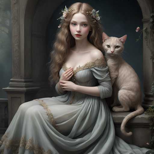 This image portrays a young woman with long, wavy brown hair adorned with flowers, seated on a stone bench. She is wearing a light gray dress with intricate gold embroidery along the neckline, chest, and bottom hem. The dress features a low-cut neckline that reveals some cleavage. Her expression is serious, with red lips and blue eyes, and she has her hands gently placed on her chest. Behind her sits a white cat with yellow eyes, looking directly at the camera. The background is a dark, grayish-blue hue, and the scene is framed by a stone archway with a column on the left side. The overall composition suggests a painting or a highly detailed digital artwork, with a focus on the woman and her feline companion.