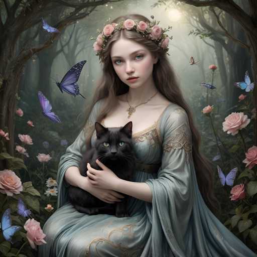 A woman dressed in a blue dress with gold accents is holding a black cat and surrounded by pink roses and butterflies in a forest setting.