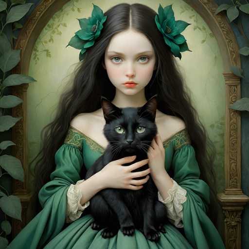 This AI-generated image depicts a young girl with long, dark brown hair adorned with two green flowers. She is dressed in a green dress with intricate gold embroidery along the shoulders and white lace detailing at the cuffs. The girl is seated on a wooden chair, cradling a black cat with striking green eyes in her lap. The cat's paws are positioned in front of her, while its head is turned to face the viewer. The girl's hands are noticeably distorted, with her right hand appearing to have only three fingers and a thumb, and her left hand resembling a club foot with a single finger. The background features a green wall with a wooden frame, and green vines can be seen on the left side of the image.