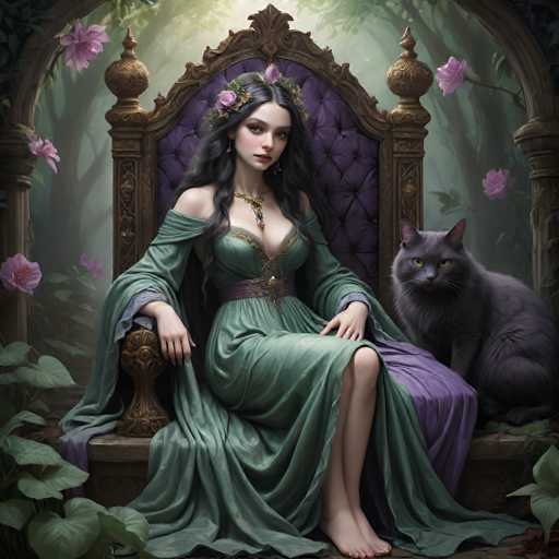 A beautiful, ethereal woman with long, flowing dark hair and delicate features sits regally on a purple throne in an enchanted forest. She wears a long, flowing green gown adorned with intricate gold details and a jeweled necklace. A delicate floral crown adorns her hair, and she gazes serenely with a gentle expression. A large, grey cat sits comfortably beside her on the throne, looking equally calm and serene. The background is a soft, dreamy forest scene with lush greenery, glowing light filtering through the trees, and subtle pink flowers scattered throughout. The overall mood is one of peace, magic, and quiet elegance.